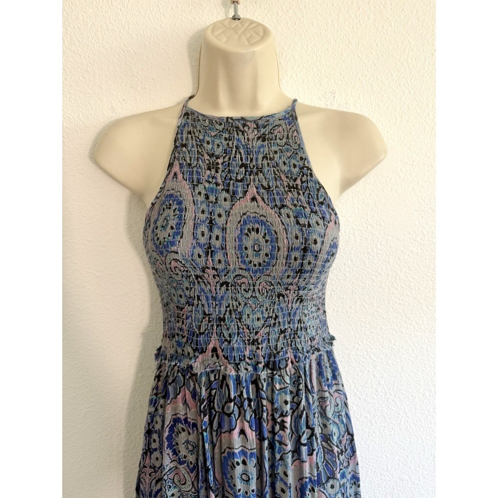 Free People Smocked Midi Dress Sz S Blue Paisley High Neck Sleeveless Boho Beach - Picture 6 of 12